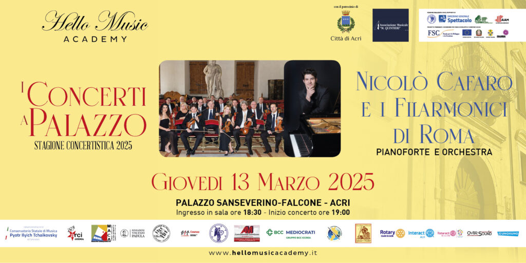 I concerti di Hello Music a Palazzo. Il pianoforte di Nicolò Cafaro con I Filarmonici di Roma